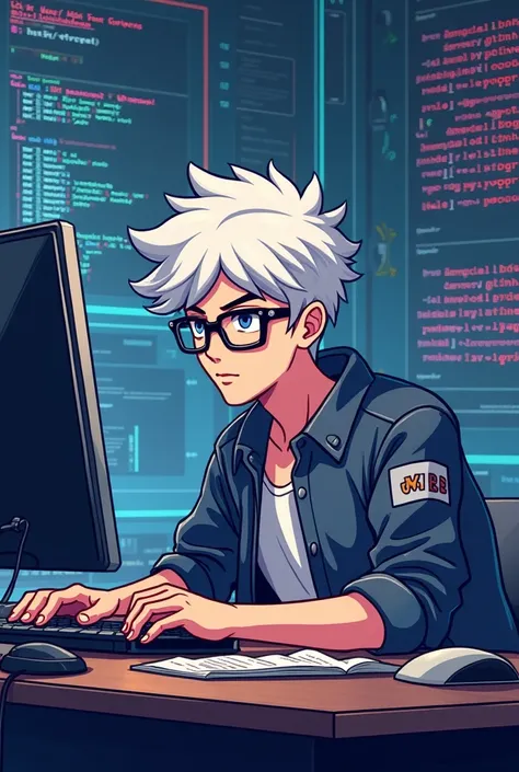 A 19 years old programer in a pixel art style, his hair cut similar a haircut of gojo satoru, his hairs is a white, hi has a glasses 