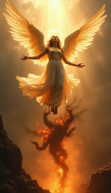 A celestial figure of divine beauty, an angel suspended in mid-air, radiates with soft, golden light. The angel’s majestic, feathered wings spread wide, glowing with ethereal brilliance as their serene face gazes upward in devotion. Their arms are outstret...