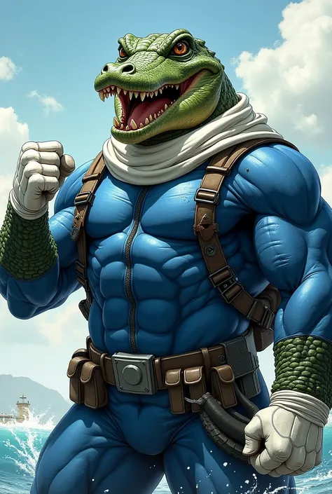 (A rugged beefy extremely muscular bulky smiling crocodile man), (wearing blue fully-zipped fullbody wetsuit), fist up pose, wearing bulky harness, wearing bulky scuba gear, wearing white hero scarf, muscular physique, toned muscles, fierce, heroic, action...