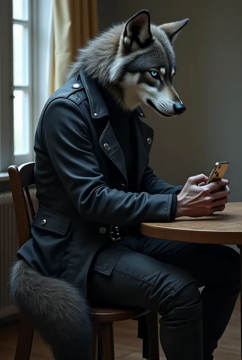  Ultra realistic full body art of a fully grown adult skinny slim dark grey male anthro wolf with a big bushy tail, some fur on his hands and claws on his fingers and blue eyes and wearing a black leather trench coat, a black turtle neck, black cargo pants...