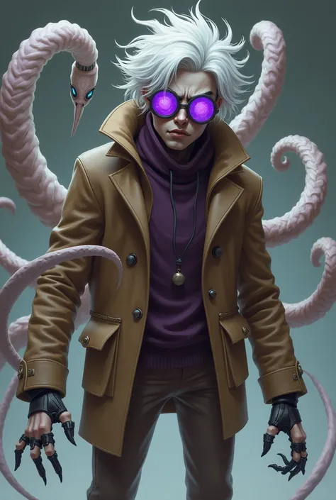 Realistic style slim man with round scientific lenses with purple crystal brown jacket and purple sweater brown pants boots with a frustrated face and with long and thin white robot tentacles and epic and threatening pose and messy and short white hair 