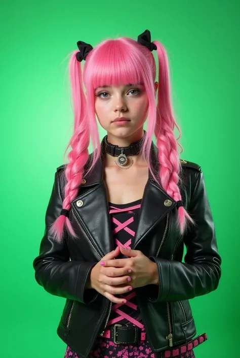 Half-length photograph from the front of a beautiful . The girl is looking from the front showing her hands. The girl has pink hair and a rocker outfit with leather clothes with pink details. The girl is 18 years old kawaii style. Green screen background. ...