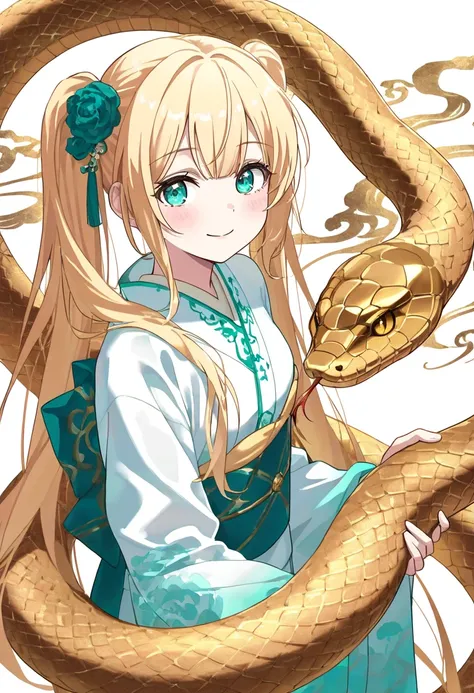  close-up of a golden turquoise snake ， it circles around itself ,  bright colors evoke prosperity and good luck. Next to the snake ,  a young girl,, white as porcelain , eyes as bright as sapphires , standing confidently in front of a white background . m...