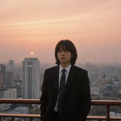 The image shows a young man standing on a balcony overlooking a city. He is wearing a suit and tie and has shoulder-length dark hair. The man is looking off into the distance with a serious expression on his face. The city below is filled with buildings an...