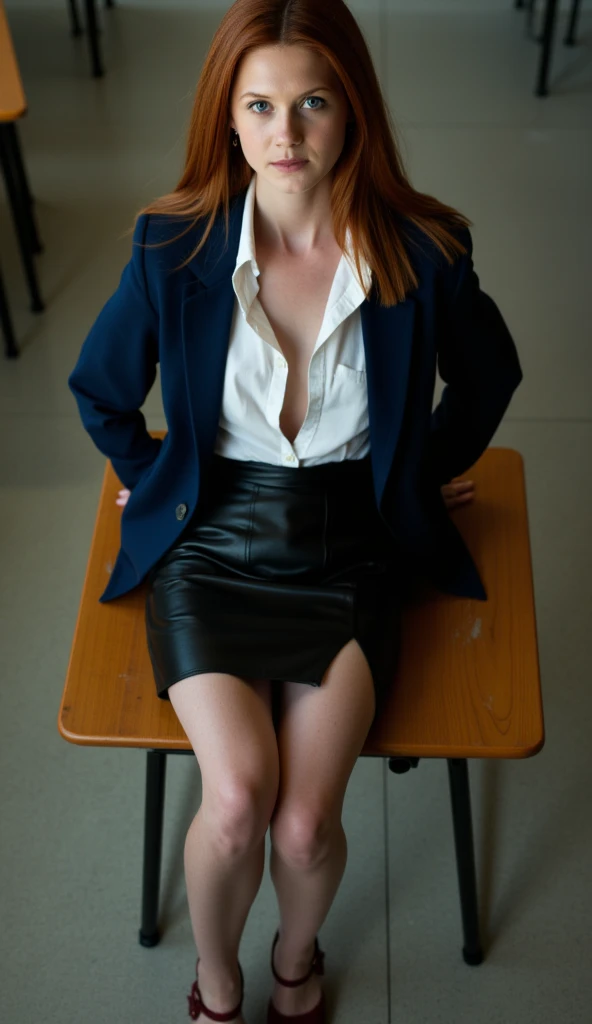 Zdjęcie Bonnie Wright, Naked breasts, nipples,dark blue unbuttoned blazer ,  white unbuttoned shirt revealing breasts, czarna skórzana ołówkowa spódnica z rozcięciem z boku, stockings,  dark red stiletto heels with ankle straps , sitting on a school desk i...