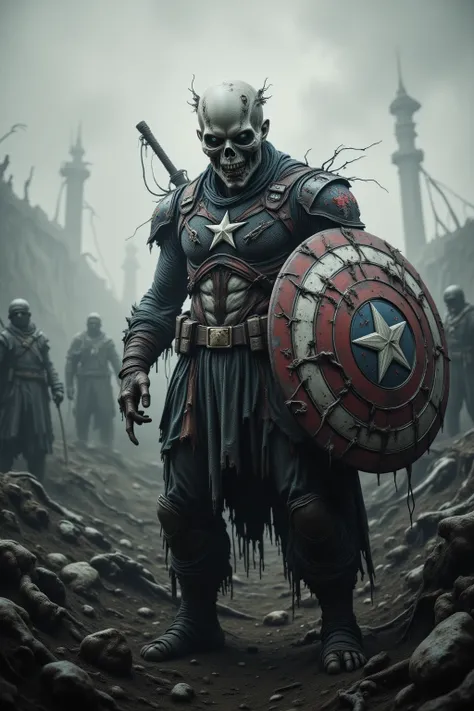 ((masterpiece)) ((photography)) ((Highest quality)) A terrifying zombie version of Captain America, standing in a war-torn battlefield. His star-spangled suit is torn and stained with blood and dirt, while his shield is cracked, with chunks missing. His fa...