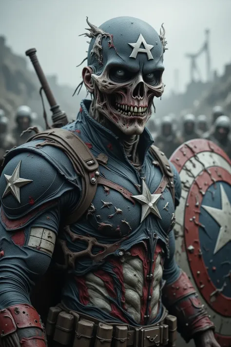 ((masterpiece)) ((photography)) ((Highest quality)) A terrifying zombie version of Captain America, standing in a war-torn battlefield. His star-spangled suit is torn and stained with blood and dirt, while his shield is cracked, with chunks missing. His fa...