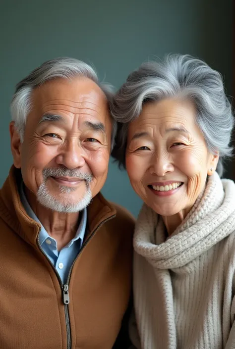 Grandpa & grandma, ideal body, asian couople, realistic photo, profesional photo, look at the camera