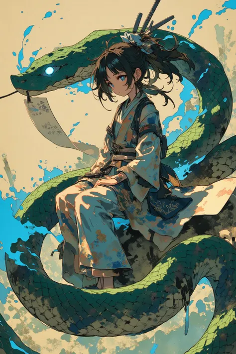   there is a ninja picture of a girl sitting on the back of a giant snake, elaborate painting with shadows  ,  Snake Holding a Scroll ,blue flame effect,Details Polygon , naive art , delicate details without lighting , graphic details , Stylized Paintings ...