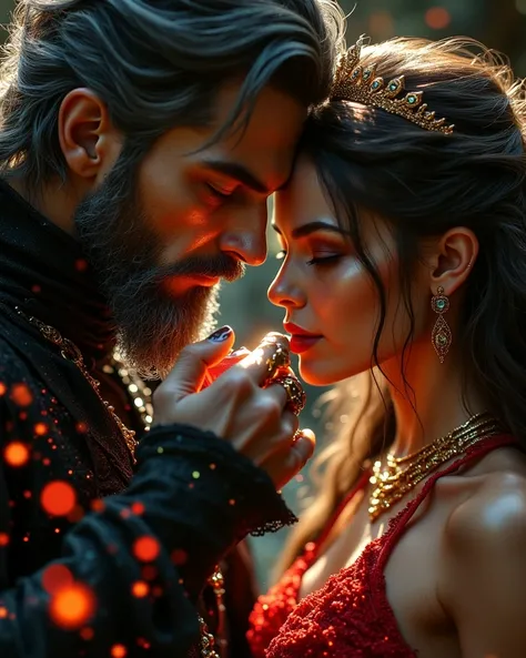 Evil warlock and good witch in love. He gently lifts her head with his finger under her chin. Their magic intertwines around them.

He is: very tall, strong, athletic, very handsome, masculine from head to toe, strong jaw, black-grey hair and facial hair, ...