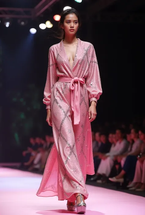 Long wrap jacket, long sleeves, in geometric pink, decorated with sequins, crystals and slim. Belt tied at the waist. Wide pants, in the same fabric decorated with sequins and geometric pattern, worn by a model with Asian features on the catwalk with high ...