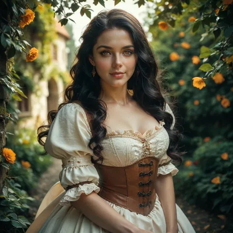 A beautiful woman with long black hair, hazel eyes, wearing a beautiful medieval style dress. 