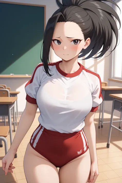 masterpiece,best quality,{{detailed beautiful face and eyes}}, very detailed background,
Momo Yaoyorozu,{{{megami magazine}}},long hair,black hair,high ponytail,wide ponytail,bangs,forehead,black eyes,large breasts,
gym uniform,red buruma, white shirt, sho...