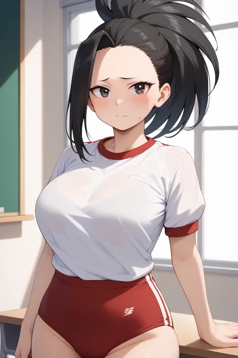 masterpiece,best quality,{{detailed beautiful face and eyes}}, very detailed background,
Momo Yaoyorozu,{{{megami magazine}}},long hair,black hair,high ponytail,wide ponytail,bangs,forehead,black eyes,large breasts,
gym uniform,red buruma, white shirt, sho...