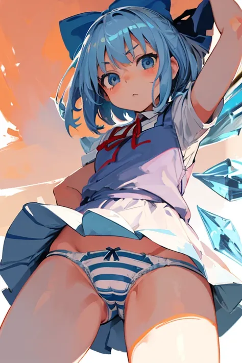 masterpiece, best quality, ultra detailed, ((gray striped panties, Cirno,)), (cowboy shot, crotch is close-up, ground-level, from below, mini skirt, from front),