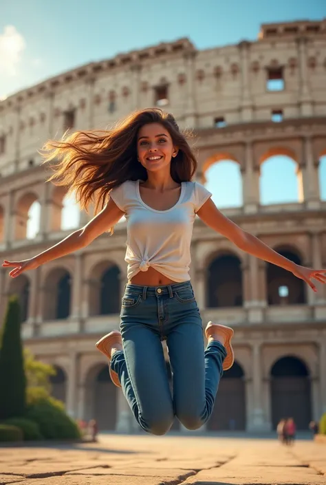  create a picture of a girl with brown hair and blue eyes . The girl should wear a white shirt and blue jeans . A girl must jump outside the Colosseum . 