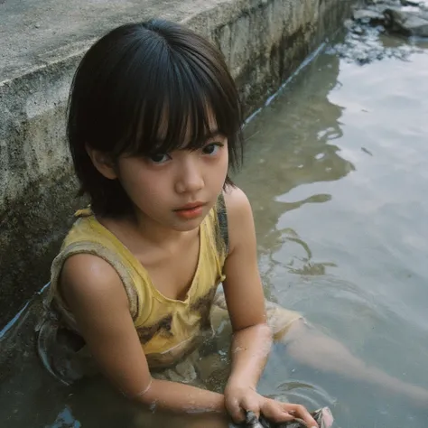 Elementary school girl,Hairstyle with visible ears,dirty yellow tank top, Snapshot, rough skin,Dirty Skin,I'm soaking up to my waist in an urban irrigation canal surrounded by concrete,I'm fishing for trash,Shinjuku, taken from the side,Exhausted