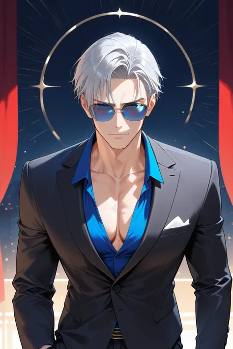  Silver Hair、blue sunglasses、 black suit、Handsome yakuza、Thick chest、The Guardian