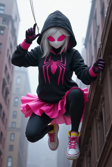 Realistic style Spiderman girl with white faceless mask with pink rimmed eyes and black suit and a black sweatshirt with pink chest and back and pink skirt and yellow collar white sneakers with pink and black gloves with pink lines but white fingers and pu...