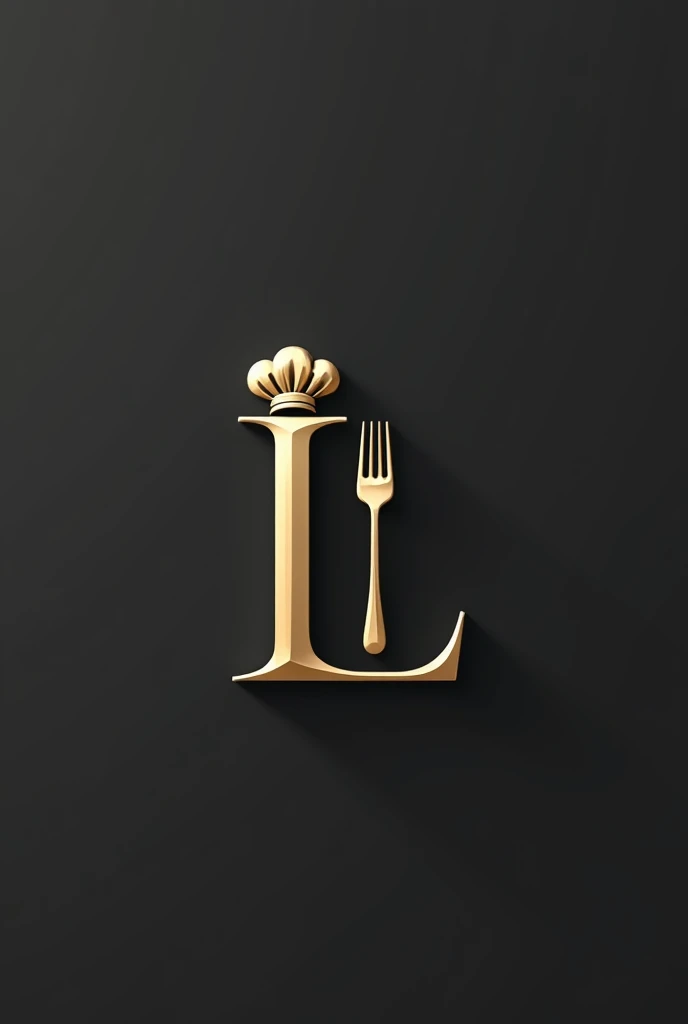 Create a modern, minimalistic logo with a single letter 'L'. The design should be elegant and professional, incorporating a clean font with a sleek metallic or embossed style. Include optional elements like a chef's hat or fork to reflect a culinary theme