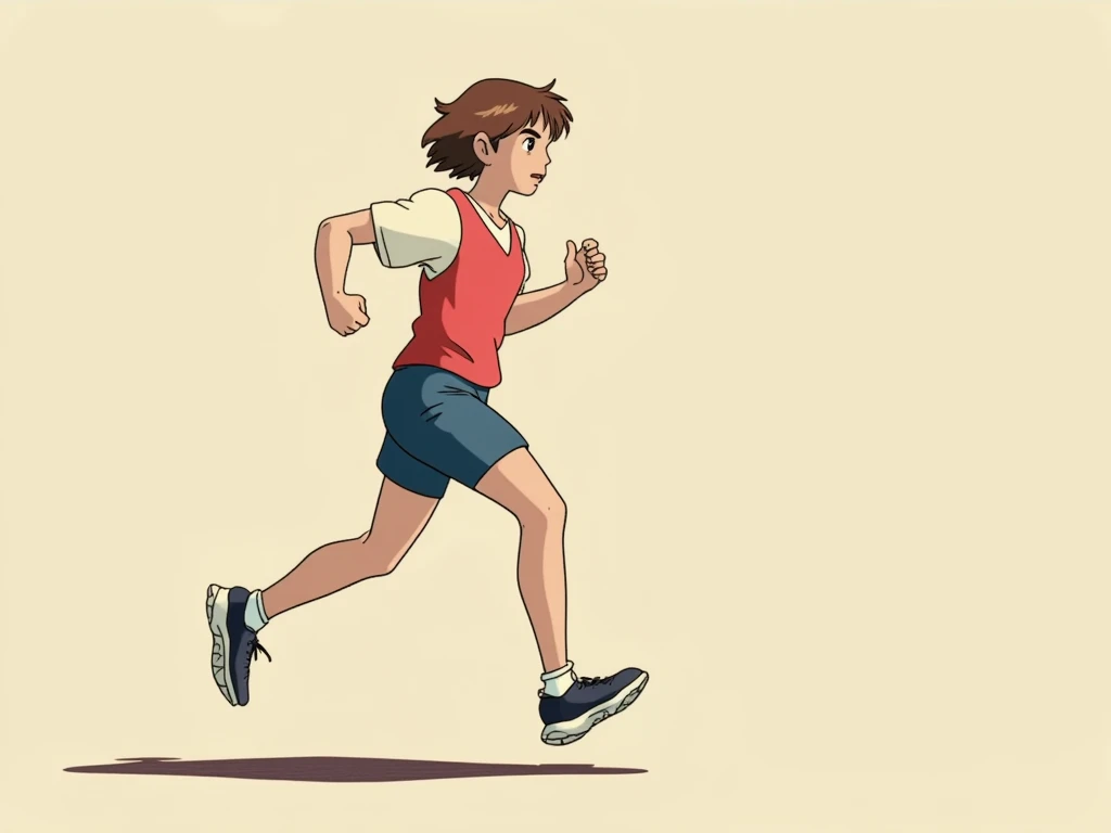 A young anime girl with short, light brown hair is depicted running, full-body shot.  She is positioned slightly off-center to the left of the image, facing the viewer's right.  Her expression is one of focused exertion. side view