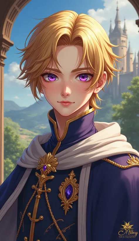 Medieval era, golden hair, amethyst eyes, nobel beautiful boy in anime style 