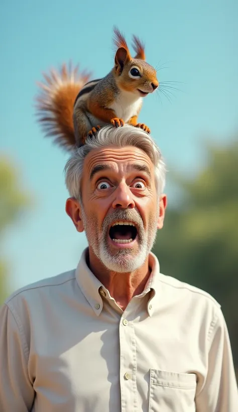 ."


"Create a highly realistic and dynamic scene featuring a middle-aged man with a surprised and animated expression, wearing a white shirt and standing outdoors in a sunny environment. A lively squirrel with detailed, soft brown fur and a bushy tail is ...