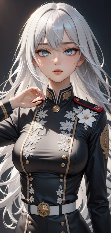 Upper body, Random pose, ((Ultra detailing)), (very aesthetic, best quality, ultra detailed), intricate details,
1girl, silver hair, silver eyes,((Detailed eyes)), ((Beautifull eyes)), ((prefect eyes)), long hair, Medium breasts, cowboy shot,(wearing Milit...