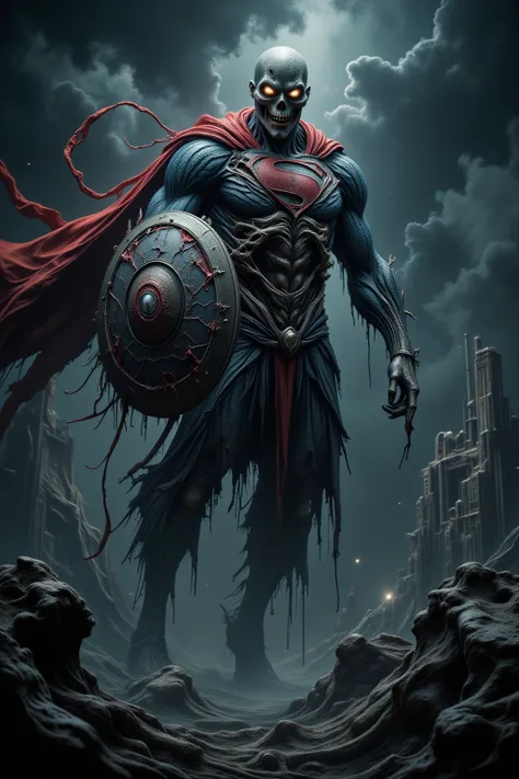 ((masterpiece)) ((photography)) ((Highest quality)) A terrifying zombie version of Superman hovering above a ruined city. His blue suit is ragged, with bloodstains and torn fabric hanging from his body. The iconic "S" shield is cracked and worn, barely rec...