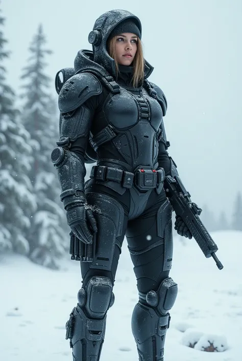 The Valkyrie figure stands confidently in a snowy landscape, wearing a sleek, tactical black suit designed for cold weather. The outfit features high-tech armor plating and multiple utility attachments, along with a fitted cap and headset. She holds a comp...