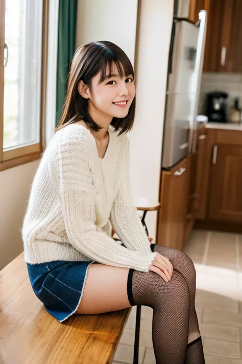 ((  best quality)), ((masterpiece)),　(( anatomically correct))　  Japanese age girl with a young face　Height 130ｃｍ　Thin knit with white shoulders　 ((Pocchi in the knit I'm wearing))　  miniskirt　  black knee-length socks 　sitting at the kitchen table　  low a...