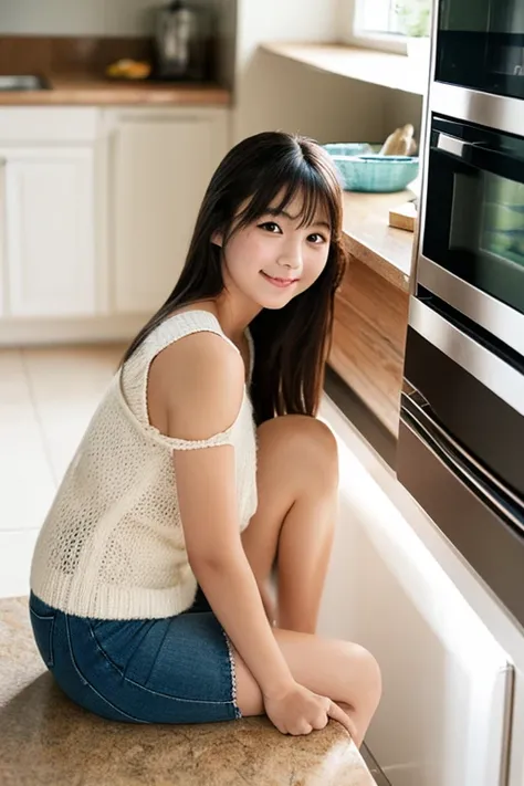 ((  best quality)), ((masterpiece)),　(( anatomically correct))　  Japanese age girl with a young face　Height 130ｃｍ　Thin knit with white shoulders　 ((Pocchi in the knit I'm wearing))　  miniskirt　  black knee-length socks 　sitting at the kitchen table　  low a...