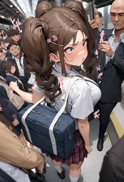 , Japanese schoolgirl, thick brown hair, Twin Tails, hairpin, By train , perfect body through Ngs,easy-going  face, white shirt blouse, I sweated,   plaid skirt ,trouble, Twin Tails, 、Crazy behavior,  anatomically accurate,   Japanese sound effects ,  crow...