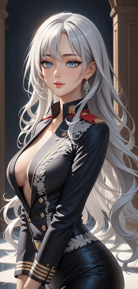  ((Elegant mature women)), Random pose, ((Ultra detailing)), (very aesthetic, best quality, ultra detailed), intricate details,
1girl, silver hair, silver eyes,((Detailed eyes)), ((Beautifull eyes)), ((prefect eyes)), long hair, medium breast, (wearing Mil...