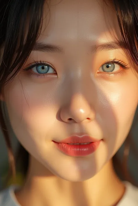 A captivating close-up portrait of a stunning Korean woman. The camera frames her radiant face, highlighting the piercing blue eyes that seem to sparkle like sapphires in the morning light. Her features are rendered with meticulous detail, from the gentle ...