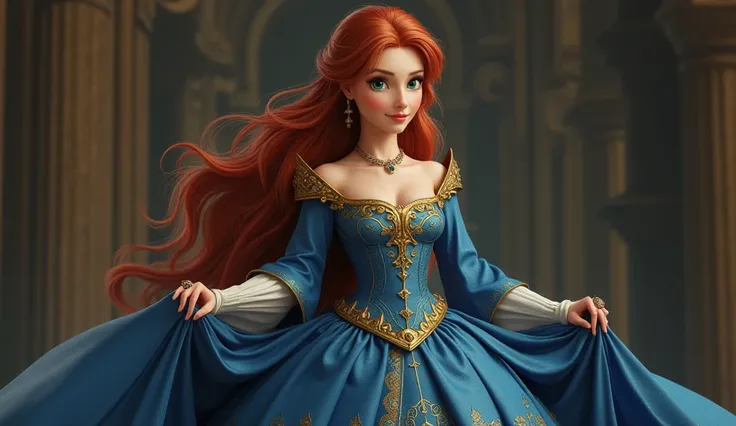 Use hyper realistic or modern 3d art                              Appearance: Late 20s, long auburn hair, emerald-green eyes, always wearing a flowing, royal blue gown with golden embroidery.

Personality: Brave, intelligent, torn between duty and love.

R...