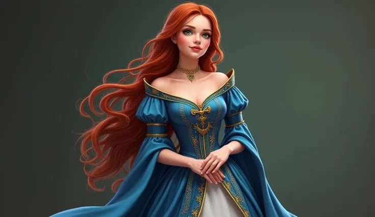 Use hyper realistic or modern 3d art                              Appearance: Late 20s, long auburn hair, emerald-green eyes, always wearing a flowing, royal blue gown with golden embroidery.

Personality: Brave, intelligent, torn between duty and love.

R...