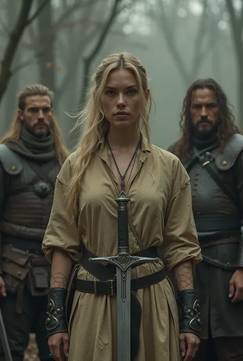 a woman holding a sword in front of two men, in the style of action-packed scenes, dark beige and silver, gritty textures, fairytale-inspired, experimental cinematography, detailed costumes, intricate use of hatching and talking about war