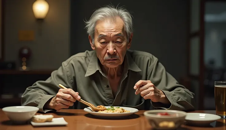 60s, Japanese man, eating meal, seated at dining table, sickly expression, tired eyes, pale skin, weak posture, detailed face with subtle wrinkles, short graying hair, traditional Japanese dining setting, realistic lighting, photorealistic, emotional tone,...