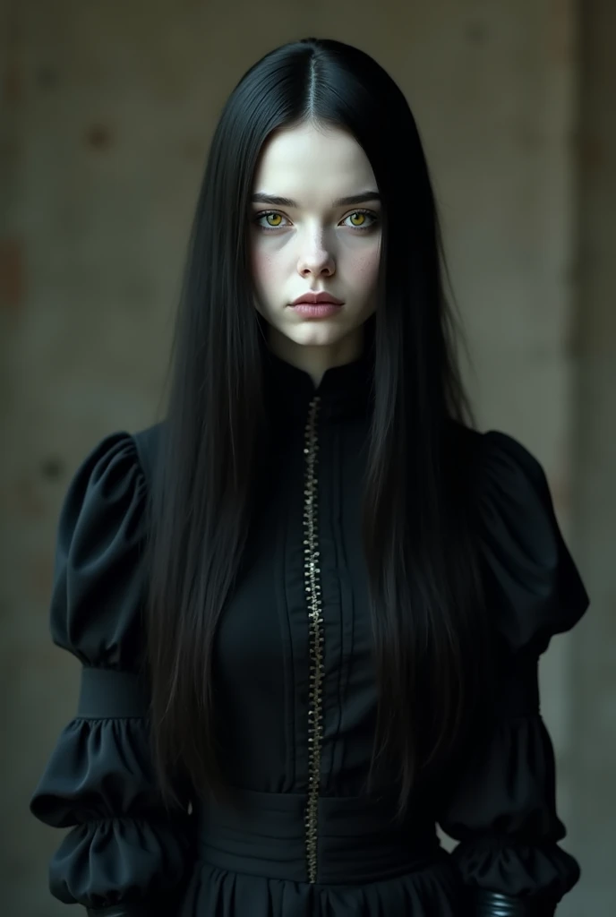 A pale young woman with yellow eyes ,  very pale white skin ,  long straight black hair.  will be dressed in a long , thin, Black medieval dress.   The photo should have a cool and unusual look and aesthetics.