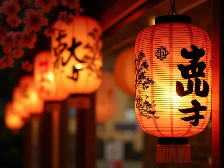 "A serene and artistic scene of traditional Asian lanterns glowing warmly at night. The lanterns are cylindrical with intricate designs, including calligraphy and illustrations of trees and blossoms, creating a cultural and poetic atmosphere. The backgroun...