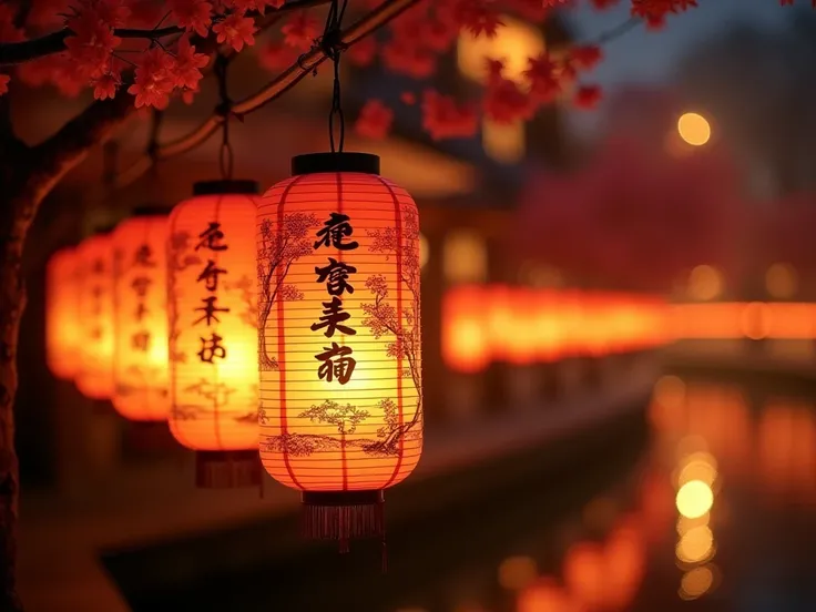 "A serene and artistic scene of traditional Asian lanterns glowing warmly at night. The lanterns are cylindrical with intricate designs, including calligraphy and illustrations of trees and blossoms, creating a cultural and poetic atmosphere. The backgroun...