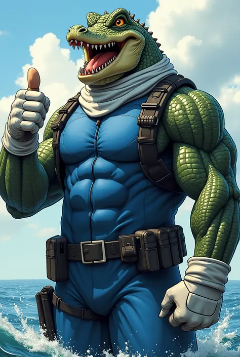 (A rugged beefy extremely muscular bulky smiling  crocodile man), (wearing blue fully-zipped fullbody wetsuit), thumbs up pose, wearing bulky harness, wearing bulky scuba gear, wearing white hero scarf, muscular physique, toned muscles, fierce, heroic, act...