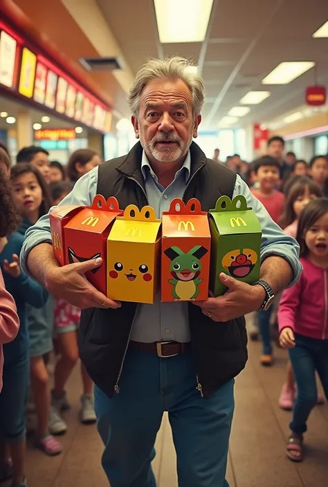 A middle-aged man inside a McDonald's carrying 6 happy boxes of Pokemon surrounded by crying ren