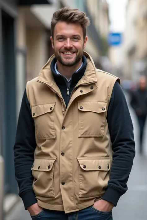 un homme réaliste vêtu d'un gilet de sécurité de couleur uni : beige claire. Il s'agit d'un gilet avec deux poches et une fermeture au milieu. Le gilet est d'une très bonne qualité. Il me faut une photo de face et une photo de dos, le gilet est bien mis en...