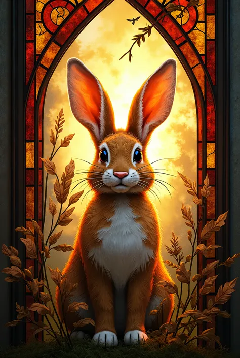 a close up of a  Stained Glass window with a rabbit in the middle, maxim verehin  Stained Glass,  Stained Glass art, glowing  Stained Glass backdrop,  Stained Glass style, on a  Stained Glass window, hopeful rabbit ,  Stained Glass,  by Slava Lashkai , gol...