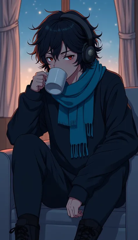  Boy with long curly black hair , wearing a black shirt with a sky blue scarf on the chest, wearing black headphones,  black pants , black sweatshirt with black boots, In a nightroom drinking anime-type coffee