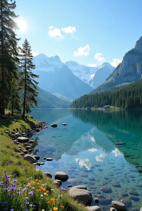 Scene: A serene landscape featuring a crystal-clear mountain lake surrounded by lush green pine trees.

Foreground: The edge of the lake has smooth, rounded stones, and a small patch of colorful wildflowers in shades of purple, yellow, and white.

Midgroun...