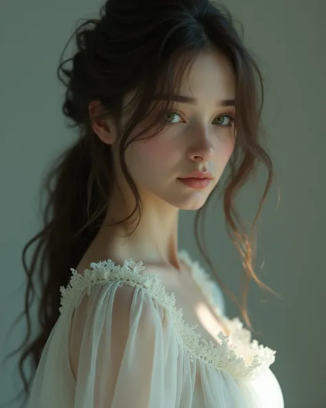  Draw me a beautiful young brunette girl , au traits du visage fins, ish. Elle a les yeux verts et un sourire triste sur le visage.  She's wearing a white lace nightie. She has a robotic Kevlar arm . 