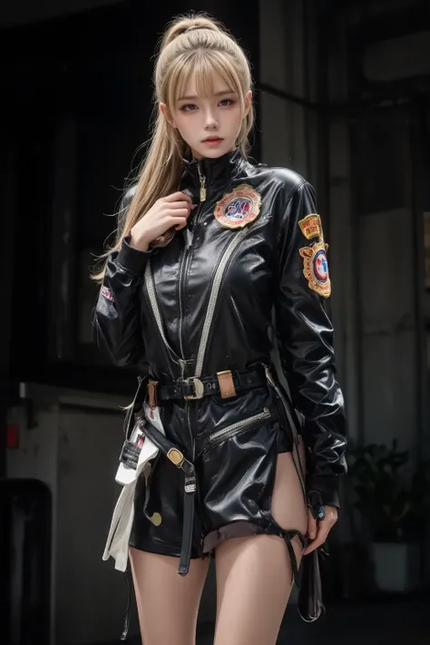 (masterpiece:1.2), (realistic, photo realistic:1.37), (Japanese famous actress:1.6), (gyaru:1.2), flat chest, (brown race, dark skin, blond hair), ponytail, cinematic lighting, (dynamic Pose), cowboy shot, (hot pants), (wearing black air bomber jacket with...